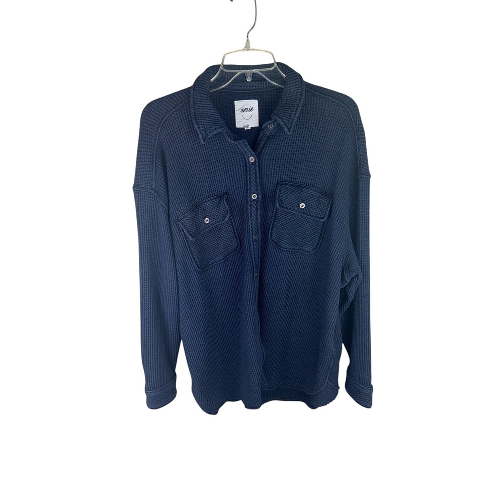 Aerie Navy Blue Waffle Knit Button Down Shirt Oversized Thermal Shacket Small